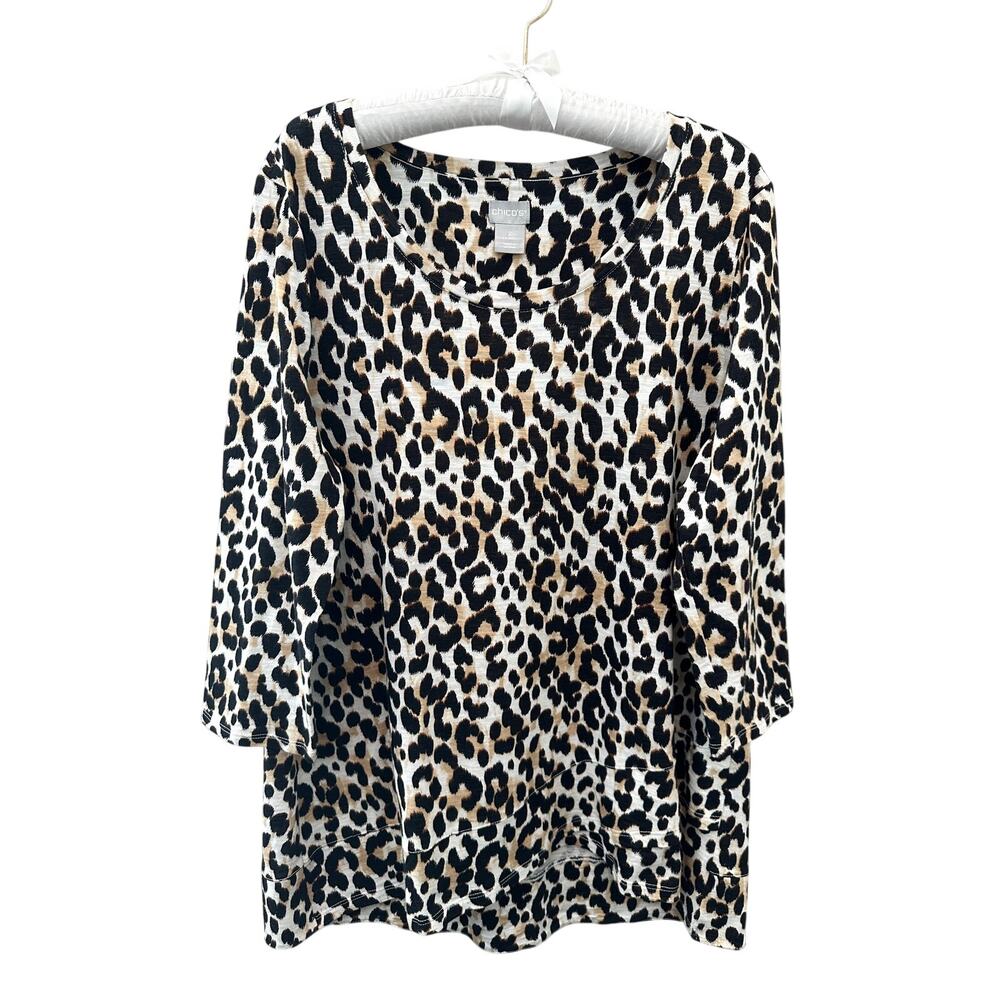 CHICO’S Leopard Print Tunic Top Animal Print Cotton Modal Blend Size 2 Large